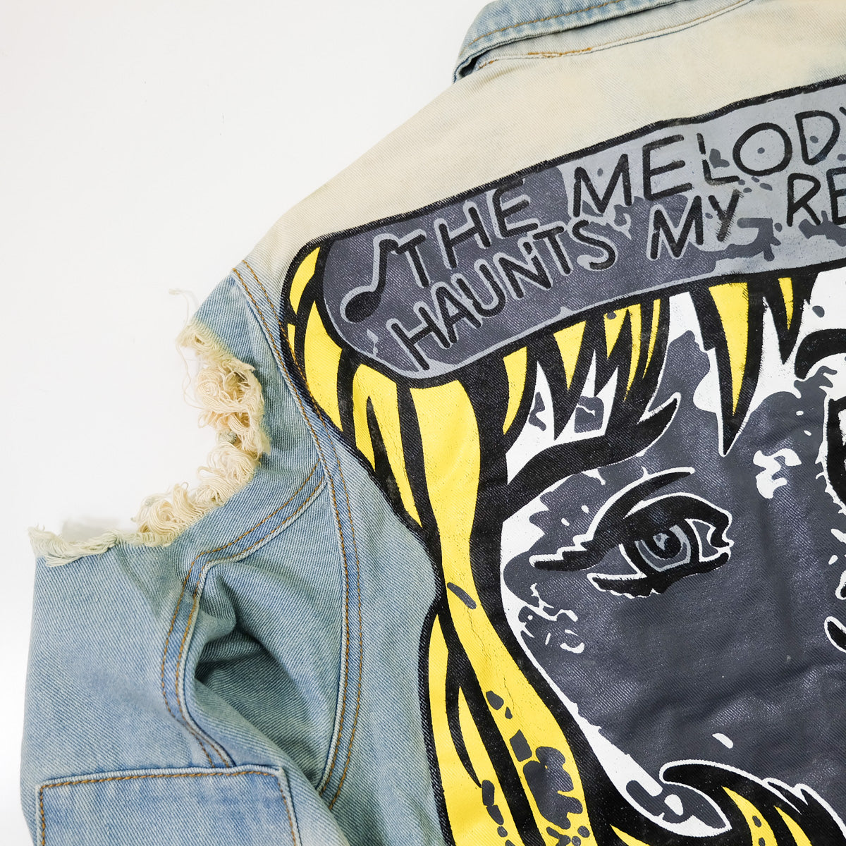 Ladies Pop Art Comic Distressed Denim Jacket Size L | Cutout Shoulder Bleached Jean Jacket Statement Graphic Back
