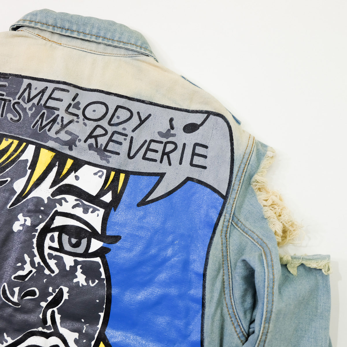 Ladies Pop Art Comic Distressed Denim Jacket Size L | Cutout Shoulder Bleached Jean Jacket Statement Graphic Back