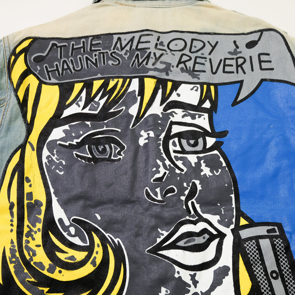 Ladies Pop Art Comic Distressed Denim Jacket Size L | Cutout Shoulder Bleached Jean Jacket Statement Graphic Back