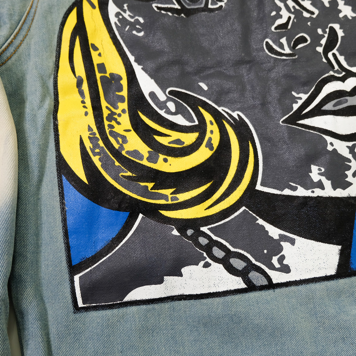 Ladies Pop Art Comic Distressed Denim Jacket Size L | Cutout Shoulder Bleached Jean Jacket Statement Graphic Back