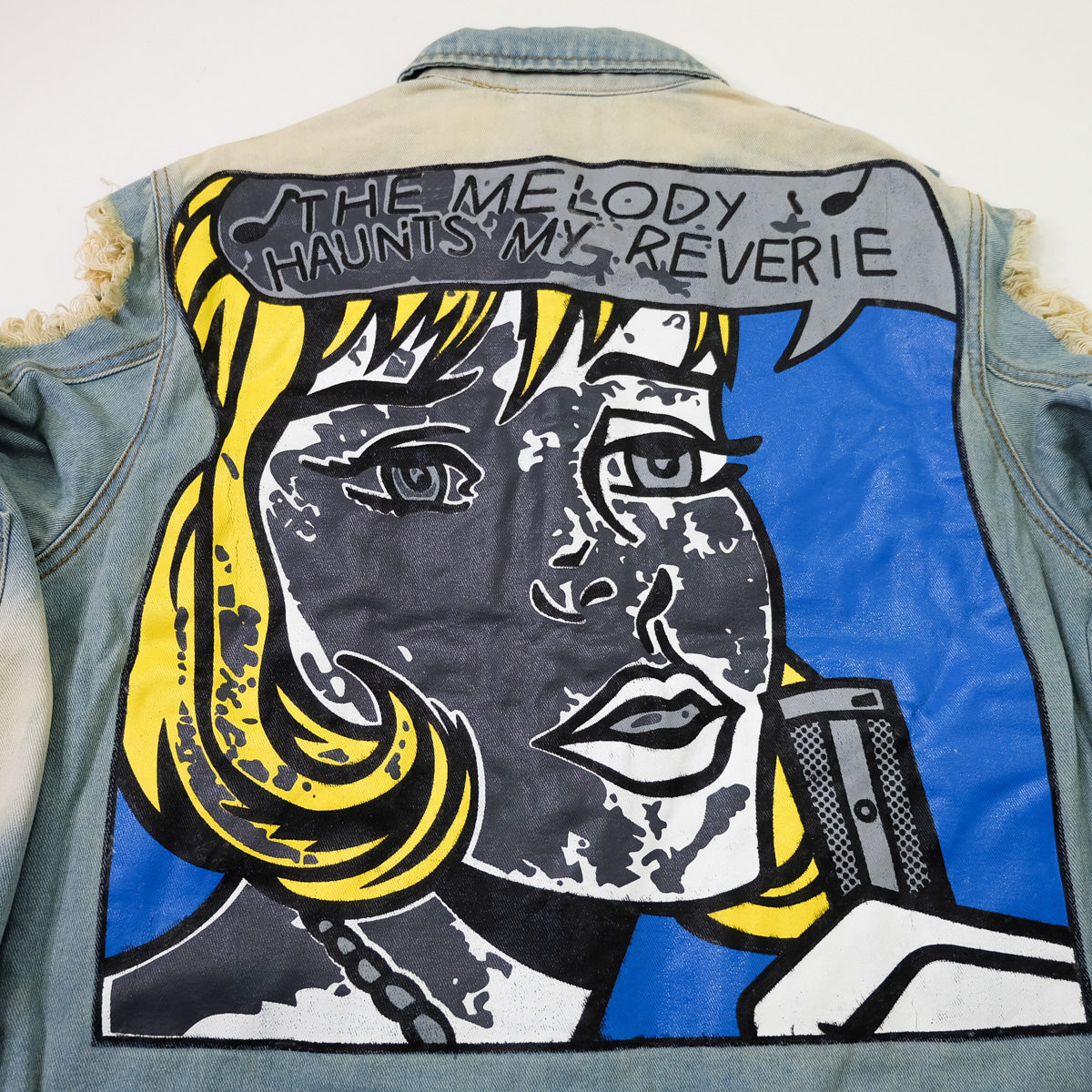 Ladies Pop Art Comic Distressed Denim Jacket Size L | Cutout Shoulder Bleached Jean Jacket Statement Graphic Back