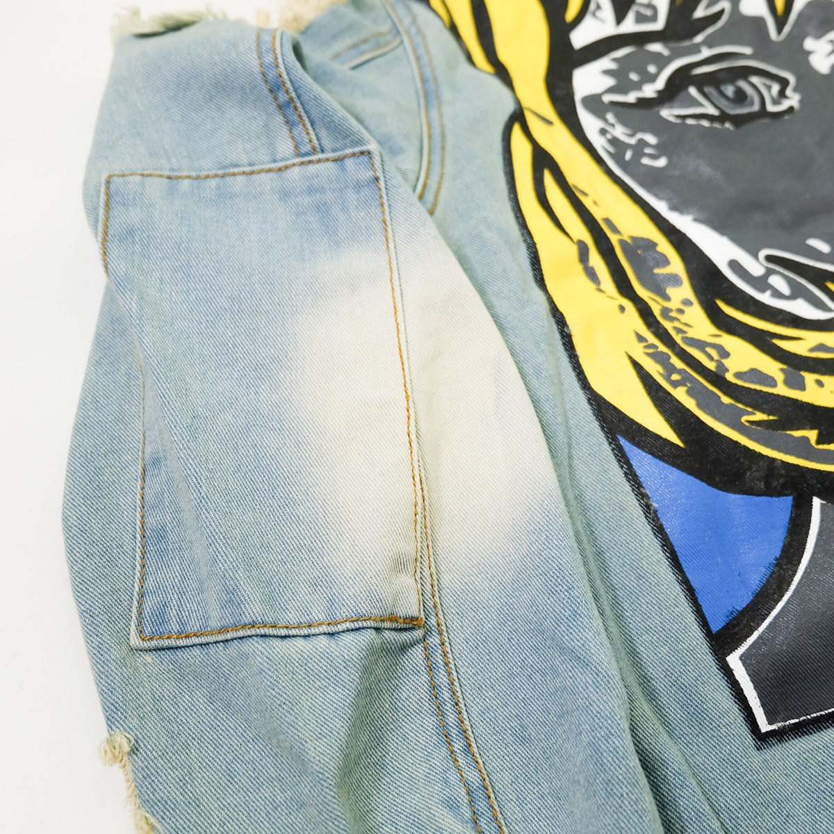 Ladies Pop Art Comic Distressed Denim Jacket Size L | Cutout Shoulder Bleached Jean Jacket Statement Graphic Back