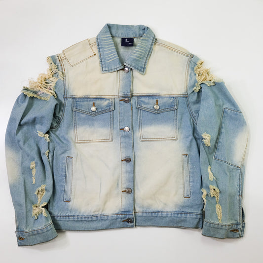 Ladies Pop Art Comic Distressed Denim Jacket Size L | Cutout Shoulder Bleached Jean Jacket Statement Graphic Back