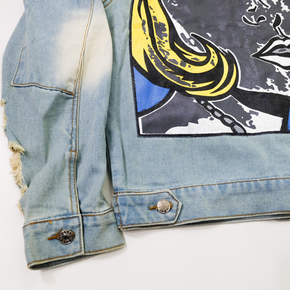 Ladies Pop Art Comic Distressed Denim Jacket Size L | Cutout Shoulder Bleached Jean Jacket Statement Graphic Back