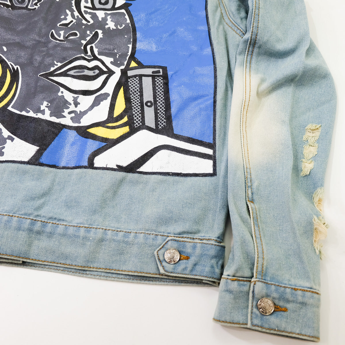 Ladies Pop Art Comic Distressed Denim Jacket Size L | Cutout Shoulder Bleached Jean Jacket Statement Graphic Back