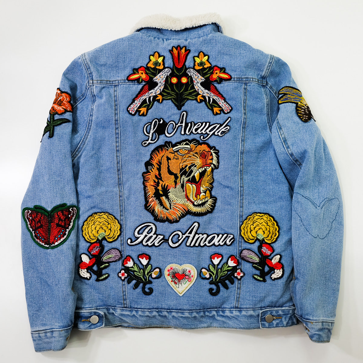 L’Aveugle Par Amour Tiger Embroidered Sherpa Denim Custom Patches Jacket | Butterfly Rose Bird Patch Trucker Coat | Maximalist Streetwear