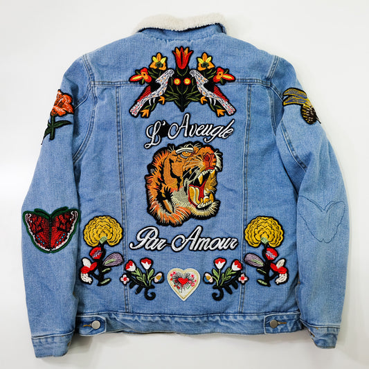 L’Aveugle Par Amour Tiger Embroidered Sherpa Denim Custom Patches Jacket | Butterfly Rose Bird Patch Trucker Coat | Maximalist Streetwear