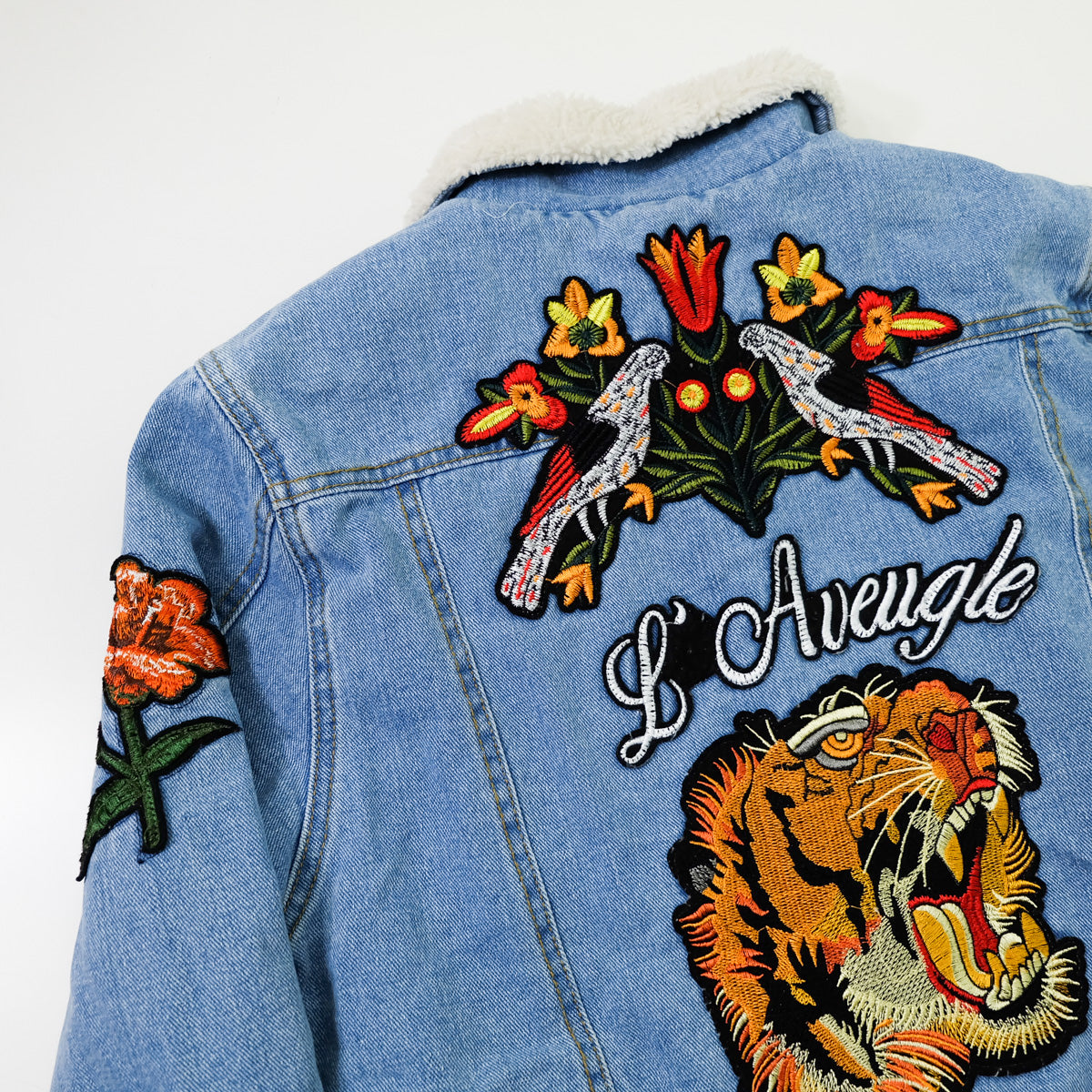 L’Aveugle Par Amour Tiger Embroidered Sherpa Denim Custom Patches Jacket | Butterfly Rose Bird Patch Trucker Coat | Maximalist Streetwear