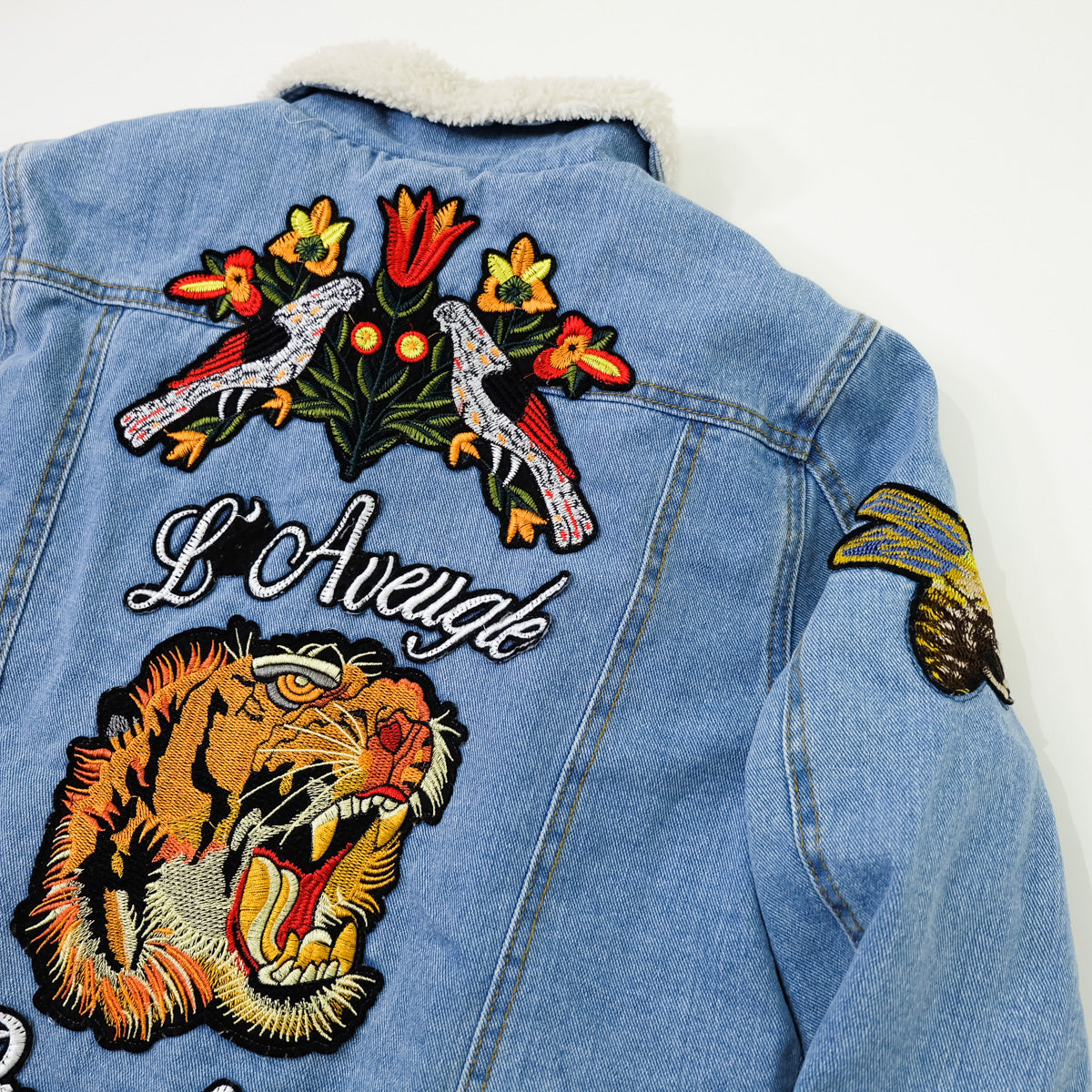 L’Aveugle Par Amour Tiger Embroidered Sherpa Denim Custom Patches Jacket | Butterfly Rose Bird Patch Trucker Coat | Maximalist Streetwear
