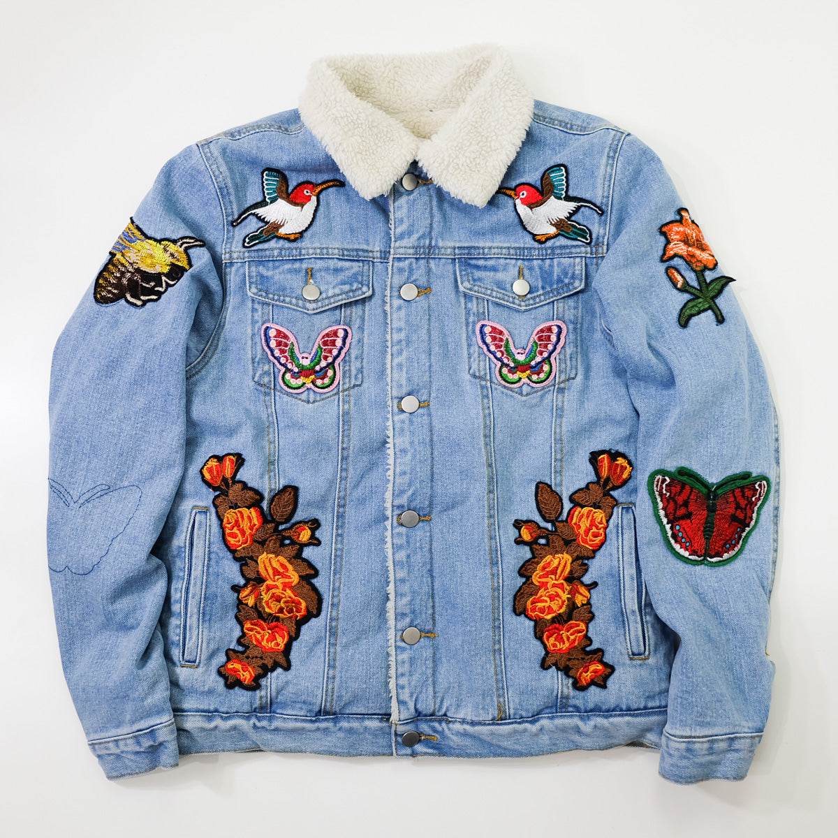 L’Aveugle Par Amour Tiger Embroidered Sherpa Denim Custom Patches Jacket | Butterfly Rose Bird Patch Trucker Coat | Maximalist Streetwear