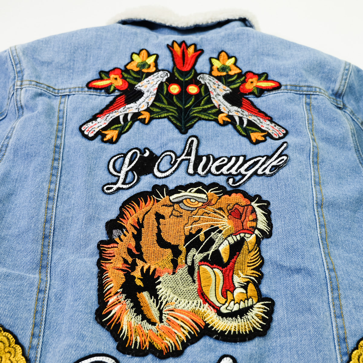 L’Aveugle Par Amour Tiger Embroidered Sherpa Denim Custom Patches Jacket | Butterfly Rose Bird Patch Trucker Coat | Maximalist Streetwear
