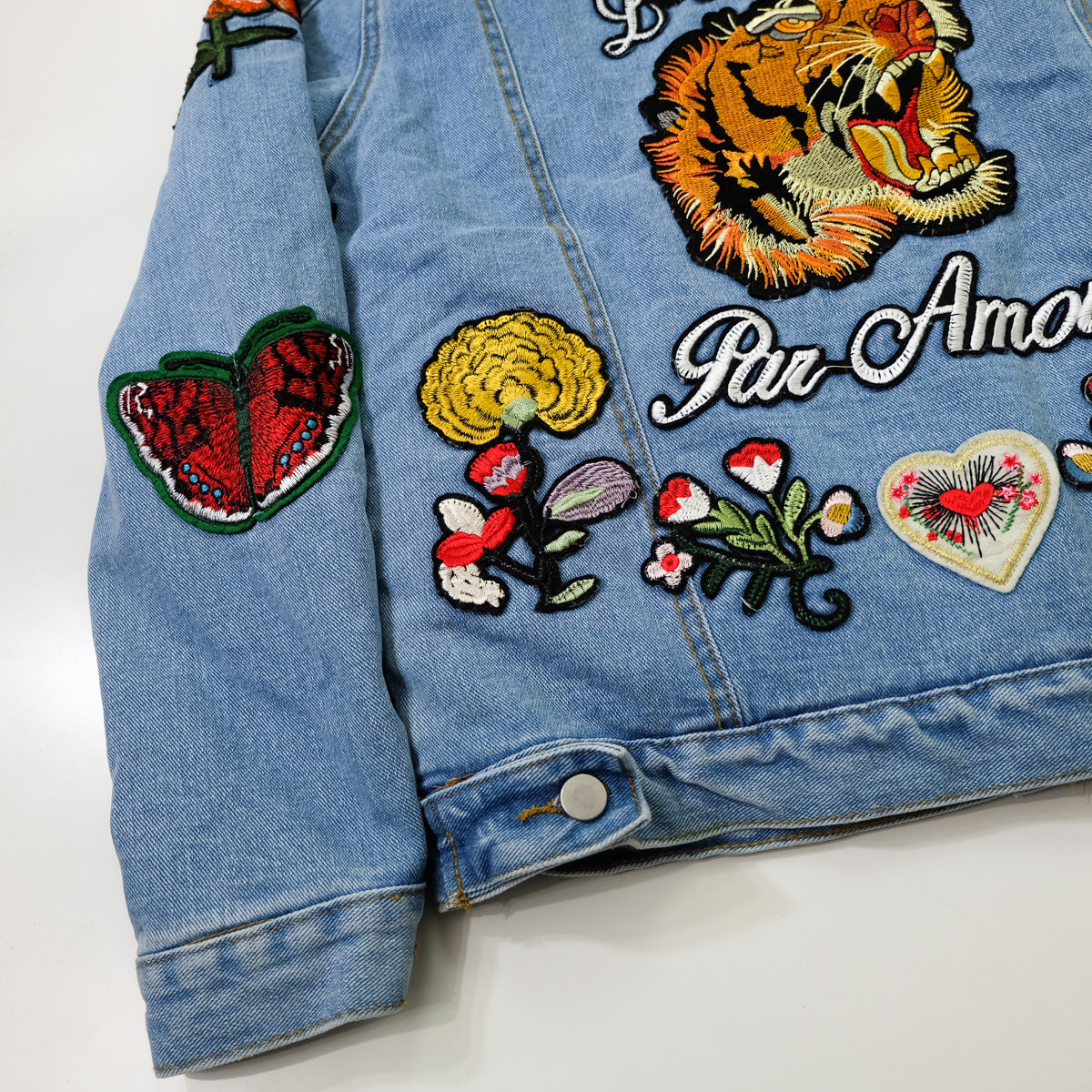 L’Aveugle Par Amour Tiger Embroidered Sherpa Denim Custom Patches Jacket | Butterfly Rose Bird Patch Trucker Coat | Maximalist Streetwear