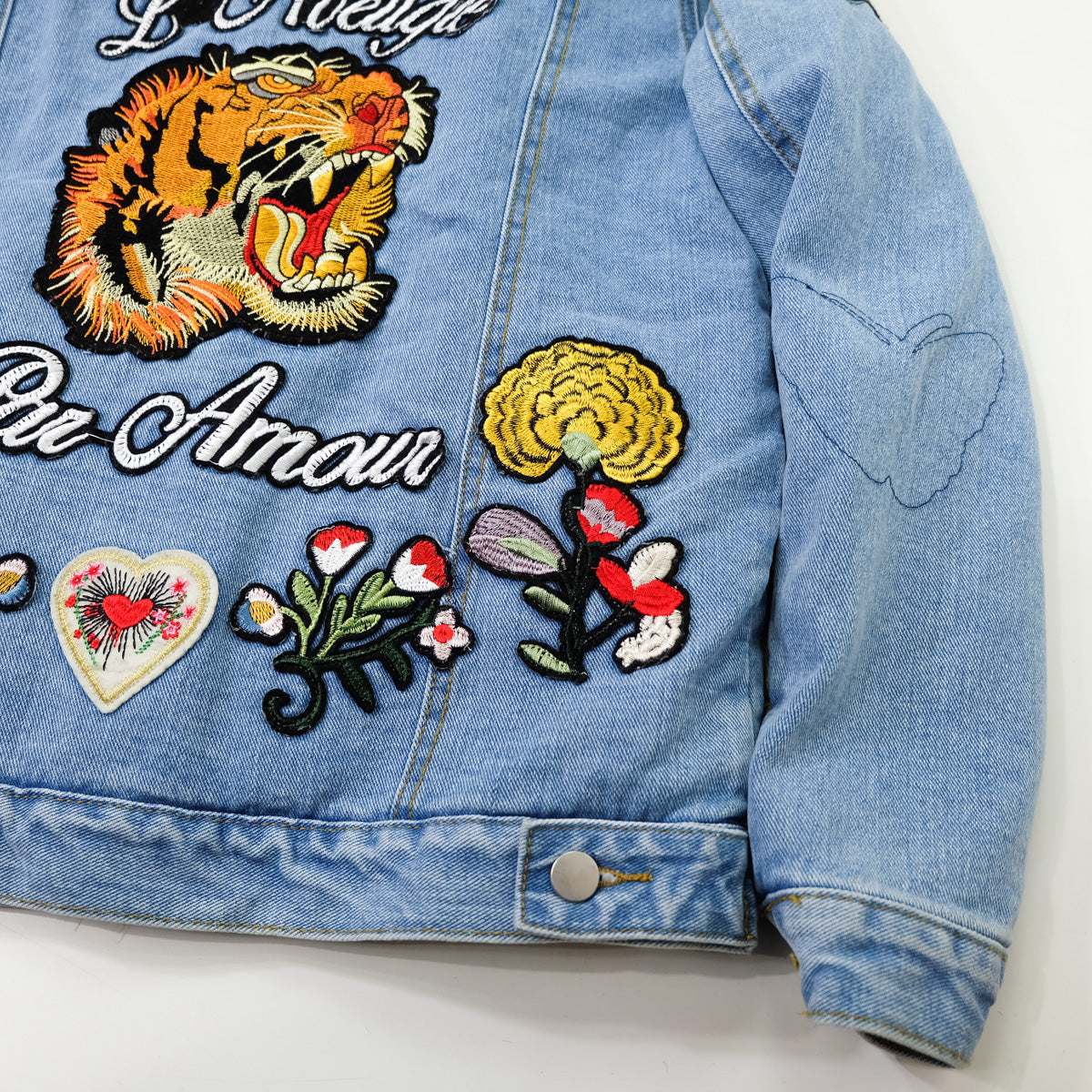 L’Aveugle Par Amour Tiger Embroidered Sherpa Denim Custom Patches Jacket | Butterfly Rose Bird Patch Trucker Coat | Maximalist Streetwear