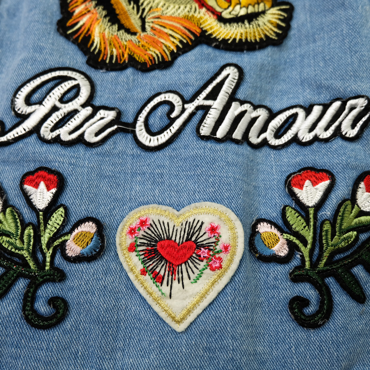 L’Aveugle Par Amour Tiger Embroidered Sherpa Denim Custom Patches Jacket | Butterfly Rose Bird Patch Trucker Coat | Maximalist Streetwear