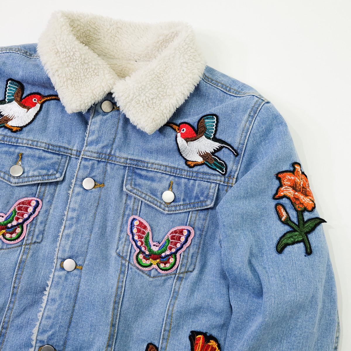 L’Aveugle Par Amour Tiger Embroidered Sherpa Denim Custom Patches Jacket | Butterfly Rose Bird Patch Trucker Coat | Maximalist Streetwear