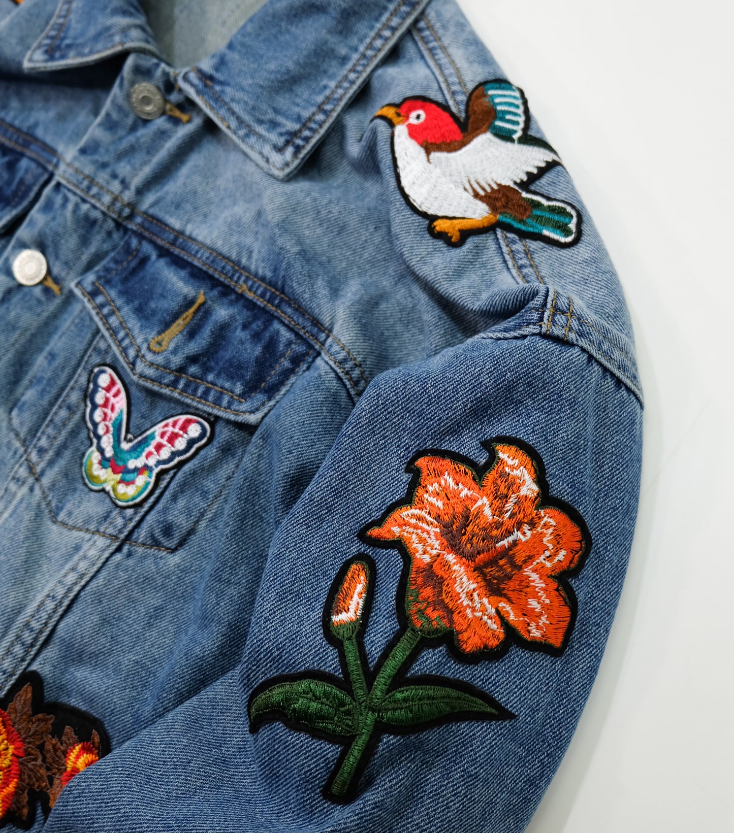 L’Aveugle Par Amour Tiger Embroidered Custom Patches Denim Jacket | Floral Butterfly Bird Patch Jean Trucker Jacket | Japanese Streetwear Style