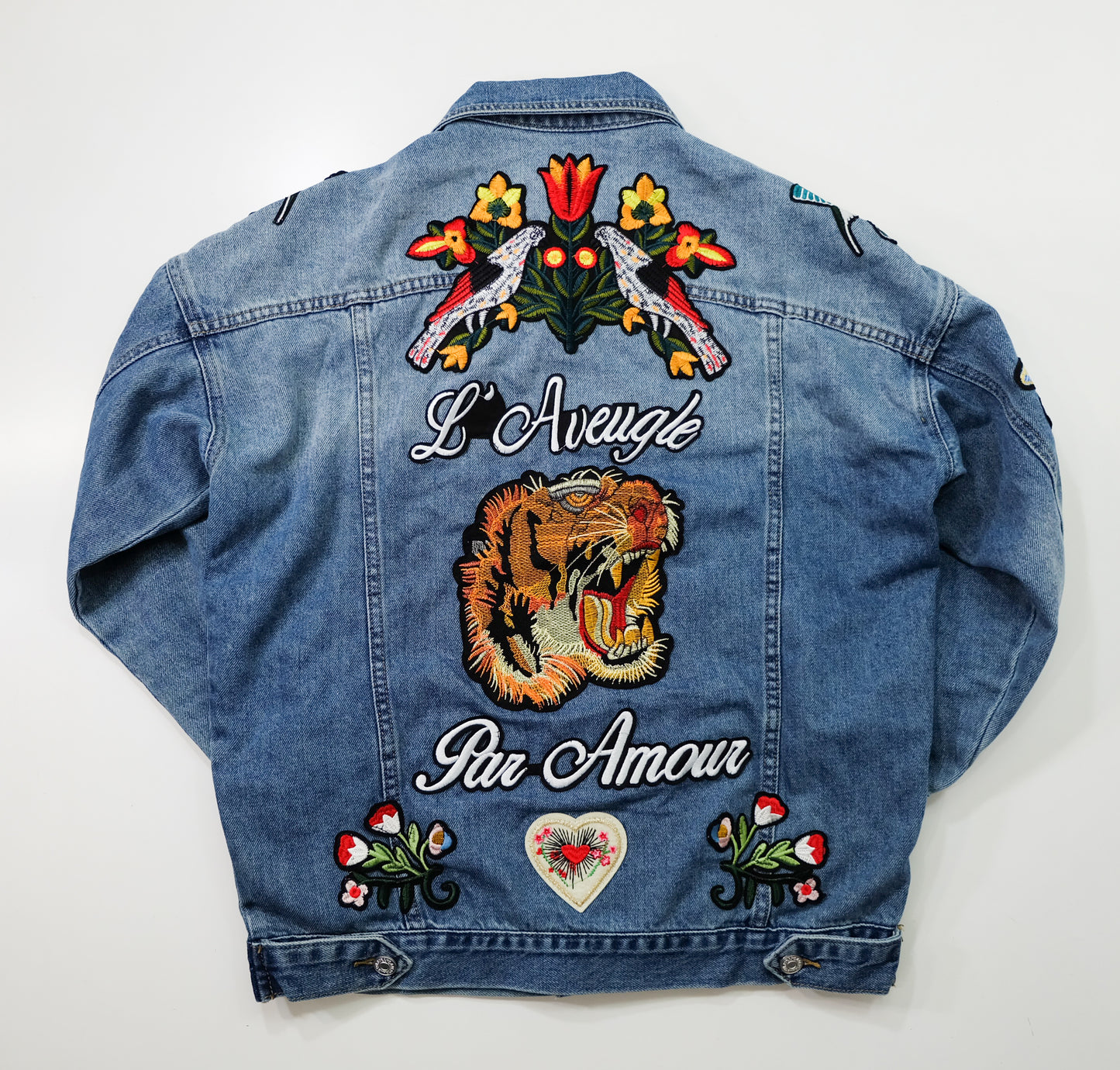 L’Aveugle Par Amour Tiger Embroidered Custom Patches Denim Jacket | Floral Butterfly Bird Patch Jean Trucker Jacket | Japanese Streetwear Style