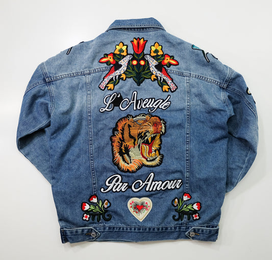 L’Aveugle Par Amour Tiger Embroidered Custom Patches Denim Jacket | Floral Butterfly Bird Patch Jean Trucker Jacket | Japanese Streetwear Style