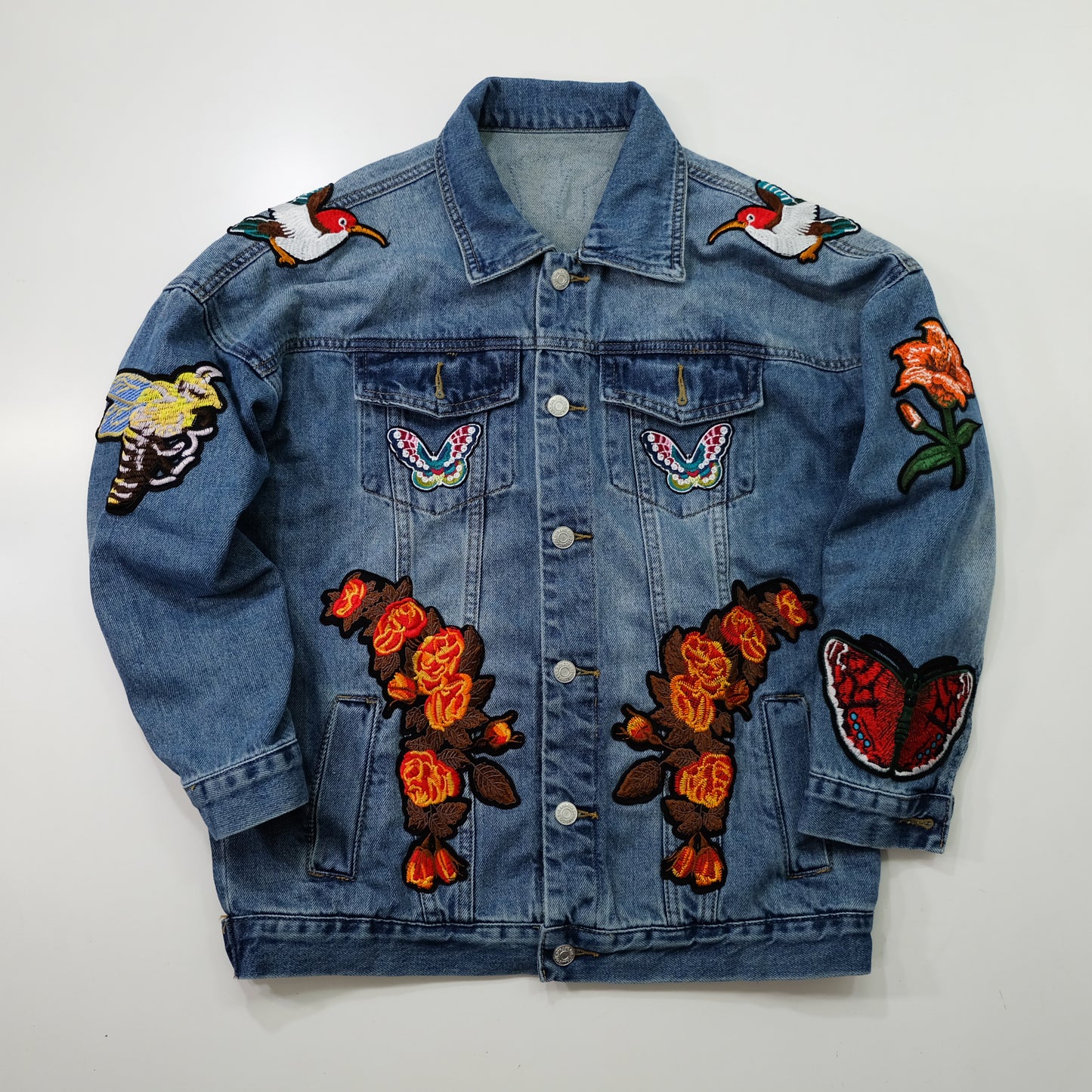 L’Aveugle Par Amour Tiger Embroidered Custom Patches Denim Jacket | Floral Butterfly Bird Patch Jean Trucker Jacket | Japanese Streetwear Style