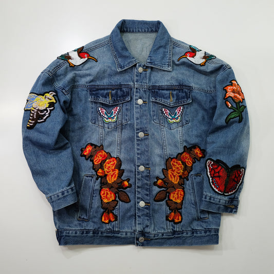 L’Aveugle Par Amour Tiger Embroidered Custom Patches Denim Jacket | Floral Butterfly Bird Patch Jean Trucker Jacket | Japanese Streetwear Style