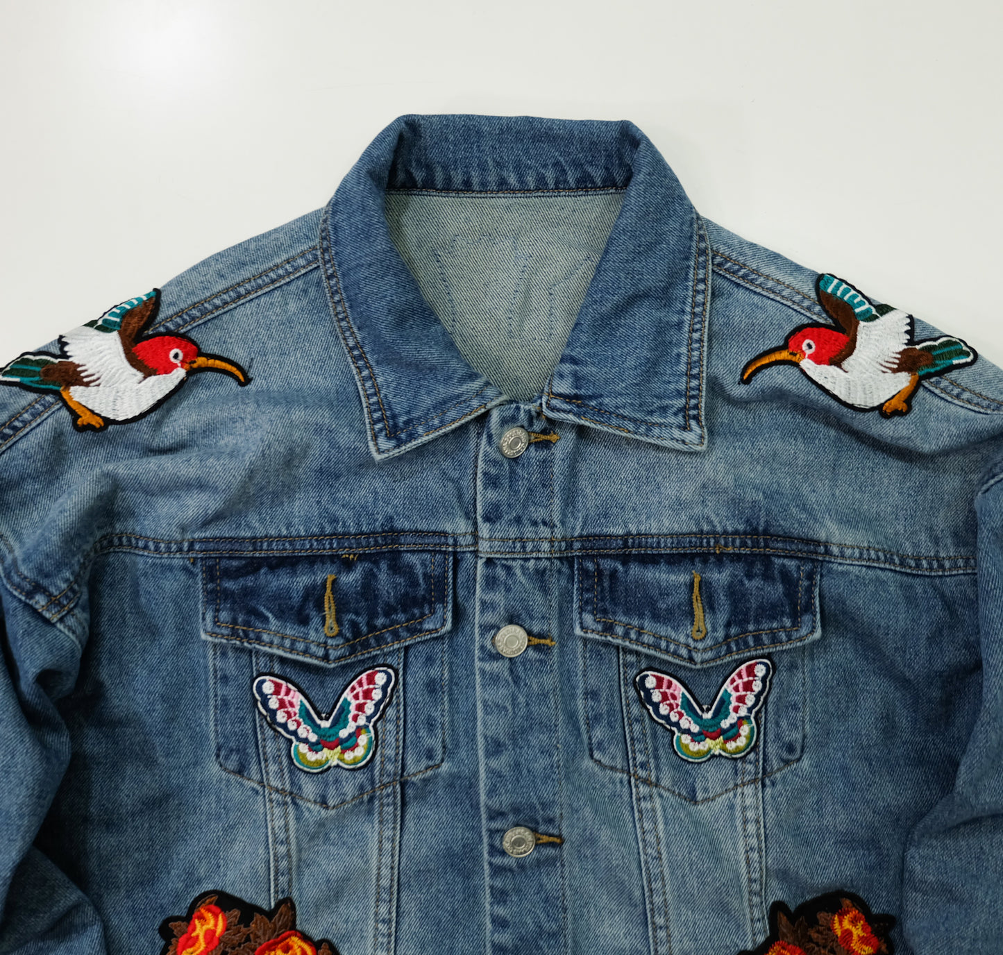 L’Aveugle Par Amour Tiger Embroidered Custom Patches Denim Jacket | Floral Butterfly Bird Patch Jean Trucker Jacket | Japanese Streetwear Style
