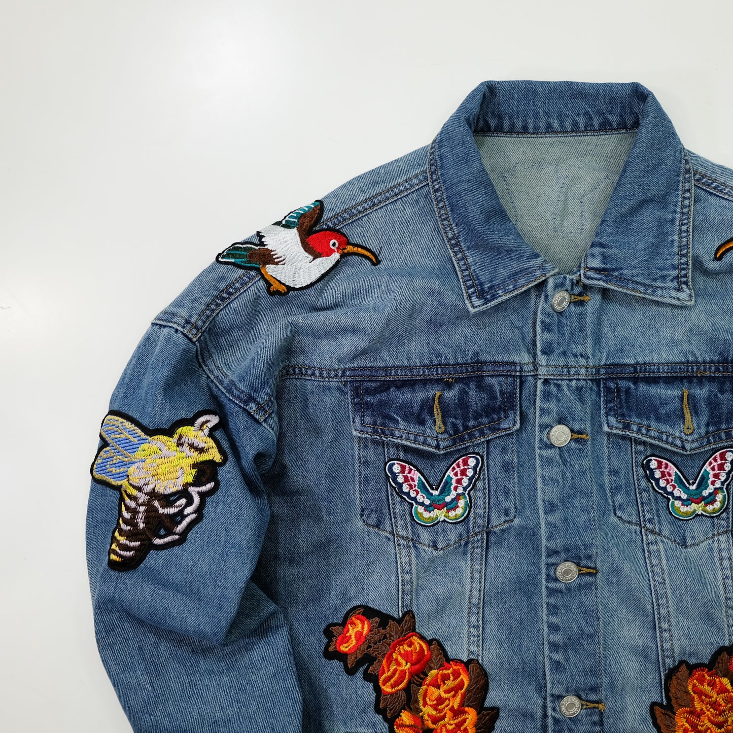 L’Aveugle Par Amour Tiger Embroidered Custom Patches Denim Jacket | Floral Butterfly Bird Patch Jean Trucker Jacket | Japanese Streetwear Style