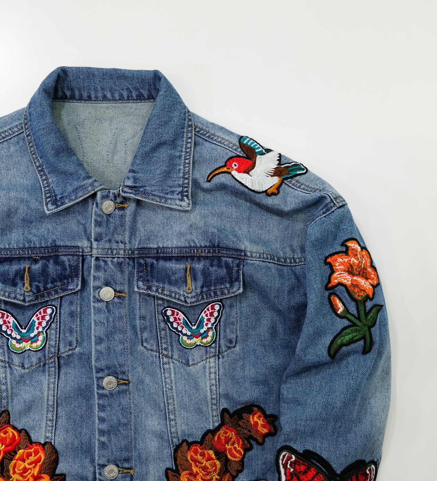 L’Aveugle Par Amour Tiger Embroidered Custom Patches Denim Jacket | Floral Butterfly Bird Patch Jean Trucker Jacket | Japanese Streetwear Style