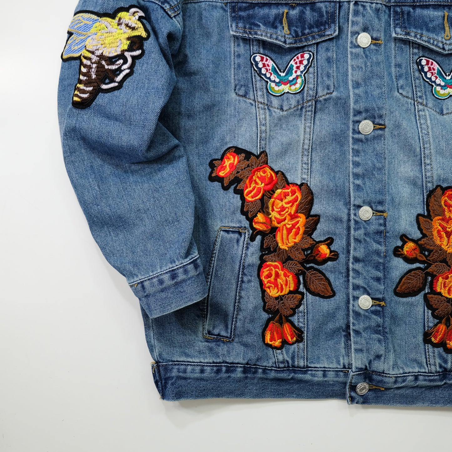 L’Aveugle Par Amour Tiger Embroidered Custom Patches Denim Jacket | Floral Butterfly Bird Patch Jean Trucker Jacket | Japanese Streetwear Style