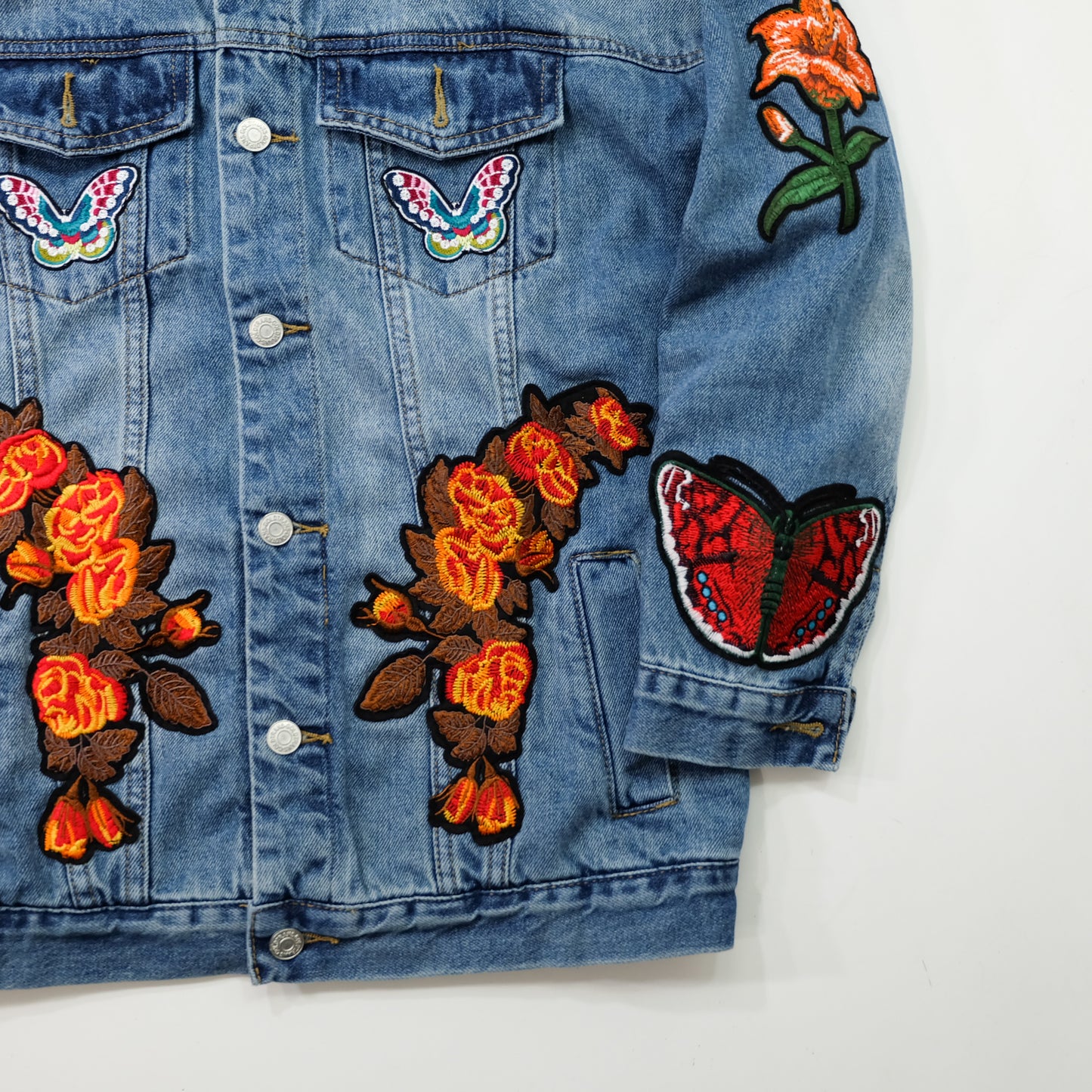 L’Aveugle Par Amour Tiger Embroidered Custom Patches Denim Jacket | Floral Butterfly Bird Patch Jean Trucker Jacket | Japanese Streetwear Style