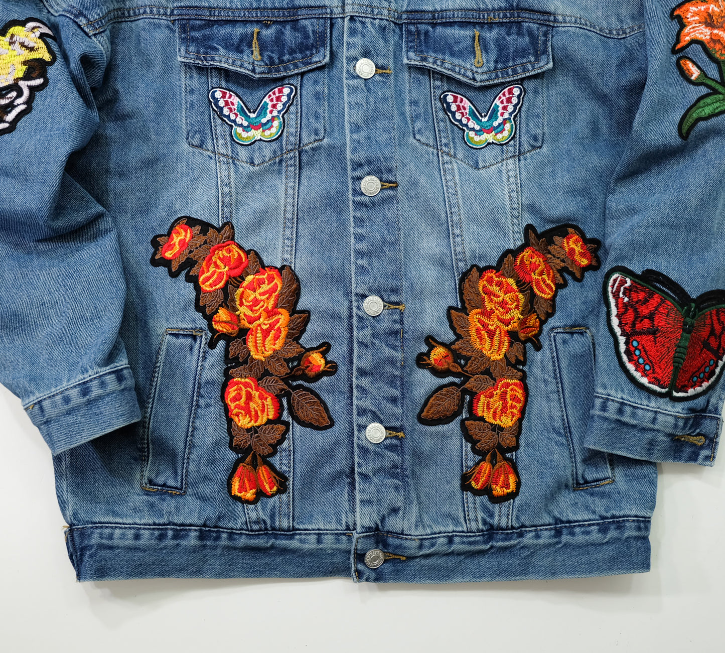 L’Aveugle Par Amour Tiger Embroidered Custom Patches Denim Jacket | Floral Butterfly Bird Patch Jean Trucker Jacket | Japanese Streetwear Style