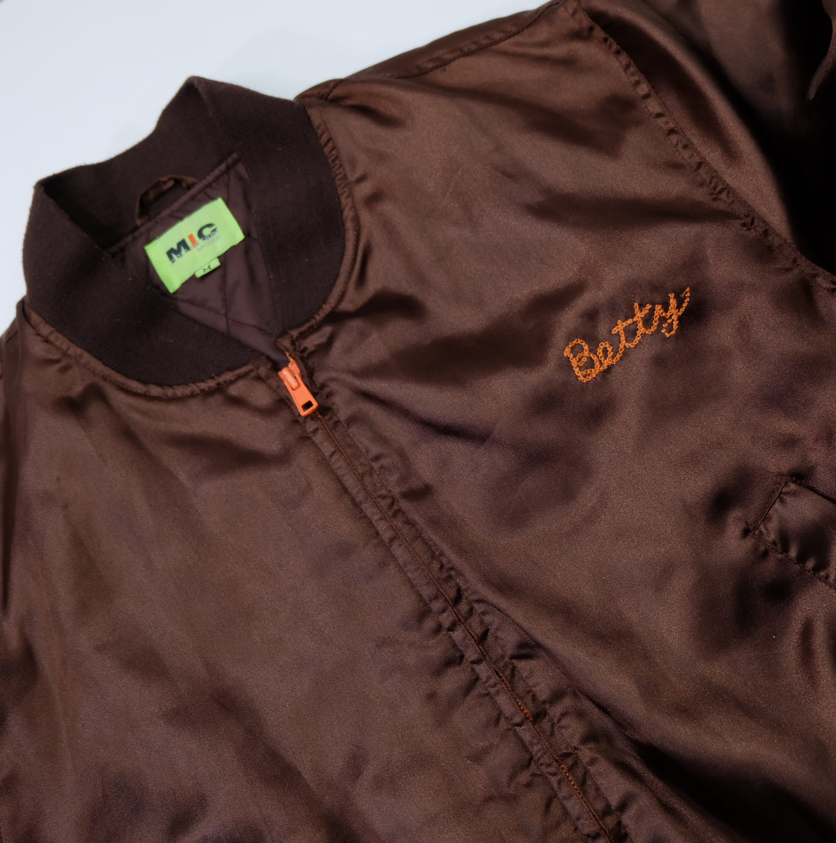 MIC MORE “MAYNER” Tiger Embroidered Brown Satin Bomber Jacket | Betty Script Quilted Sukajan Style | Size M