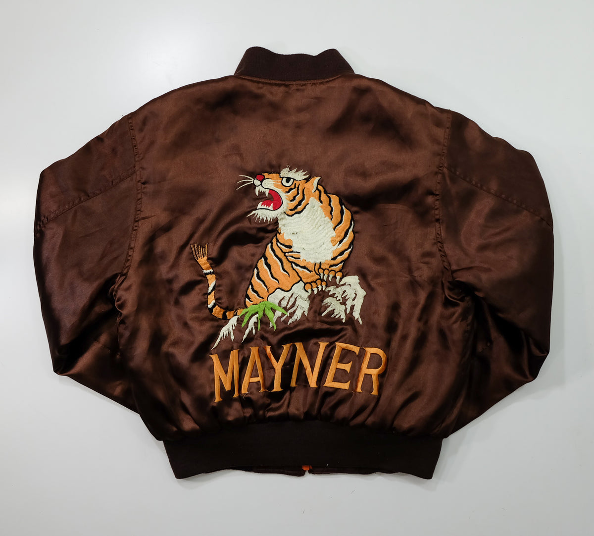 MIC MORE “MAYNER” Tiger Embroidered Brown Satin Bomber Jacket | Betty Script Quilted Sukajan Style | Size M