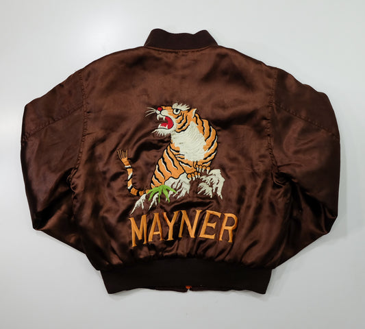 MIC MORE “MAYNER” Tiger Embroidered Brown Satin Bomber Jacket | Betty Script Quilted Sukajan Style | Size M