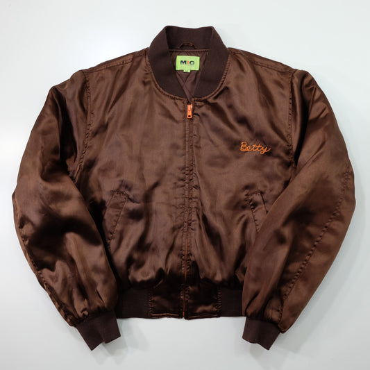 MIC MORE “MAYNER” Tiger Embroidered Brown Satin Bomber Jacket | Betty Script Quilted Sukajan Style | Size M
