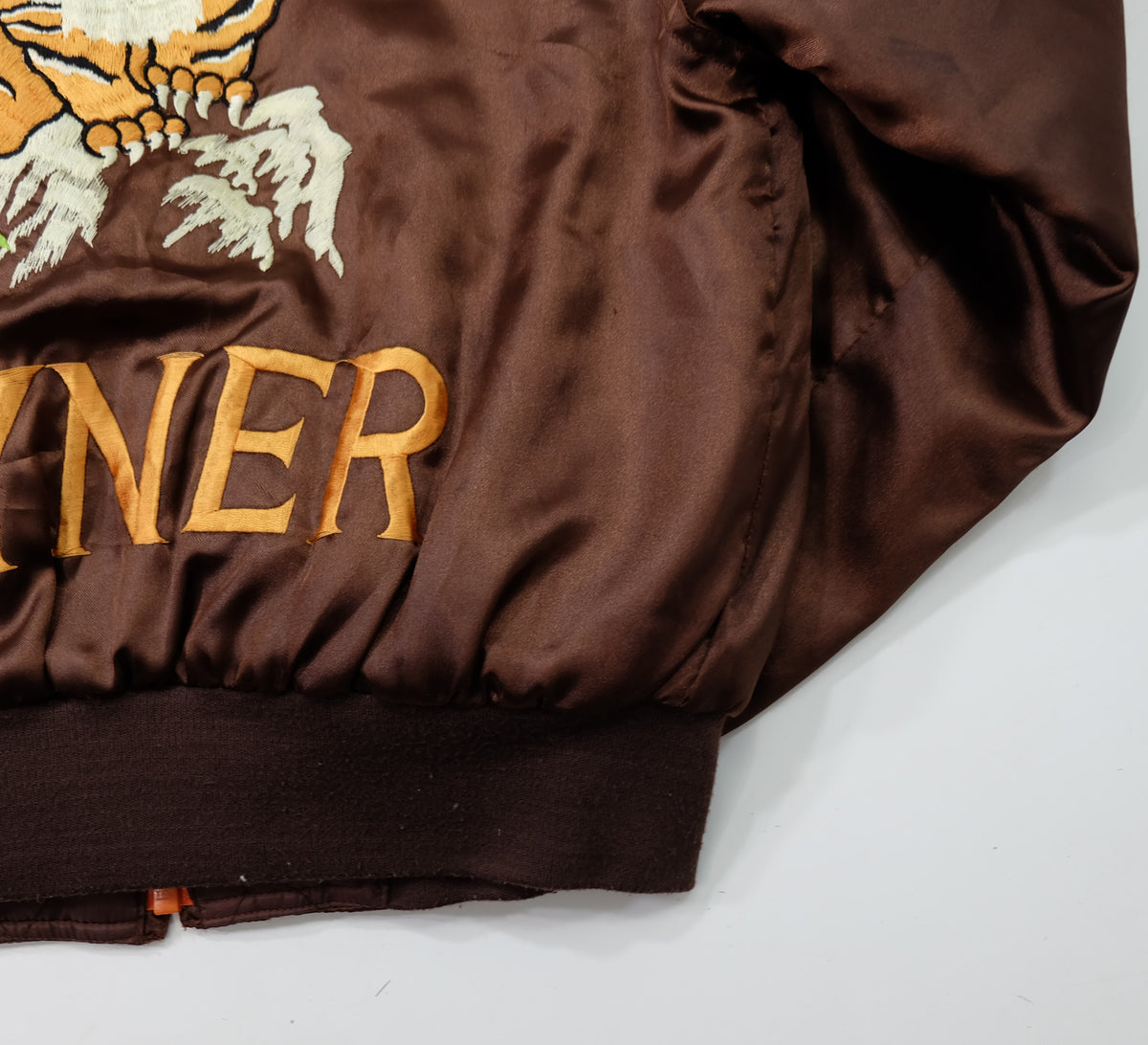MIC MORE “MAYNER” Tiger Embroidered Brown Satin Bomber Jacket | Betty Script Quilted Sukajan Style | Size M