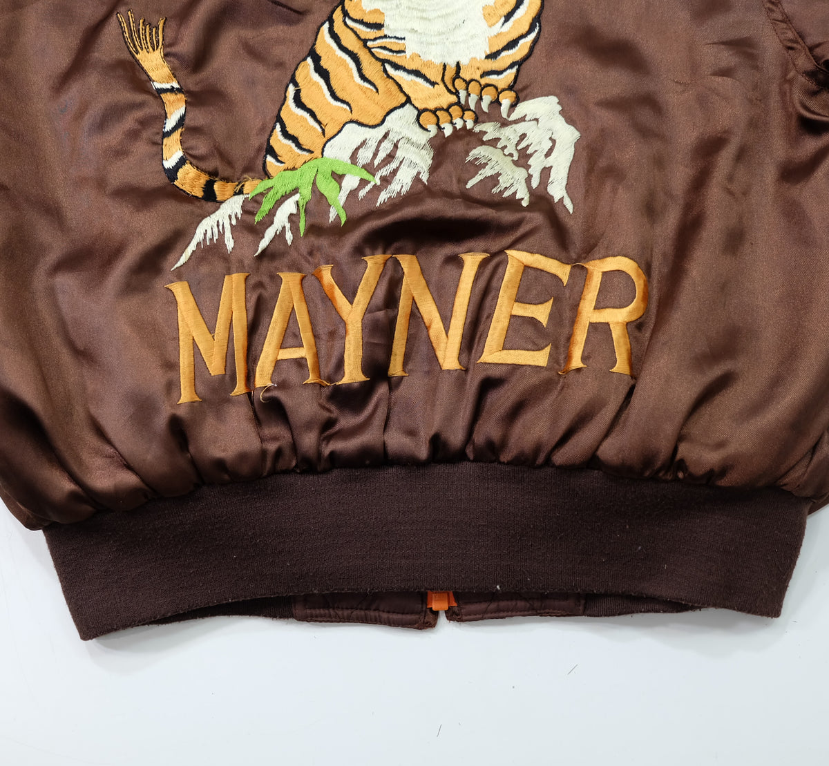 MIC MORE “MAYNER” Tiger Embroidered Brown Satin Bomber Jacket | Betty Script Quilted Sukajan Style | Size M