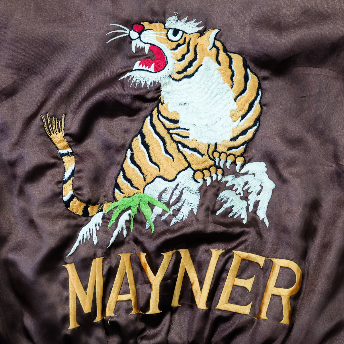 MIC MORE “MAYNER” Tiger Embroidered Brown Satin Bomber Jacket | Betty Script Quilted Sukajan Style | Size M