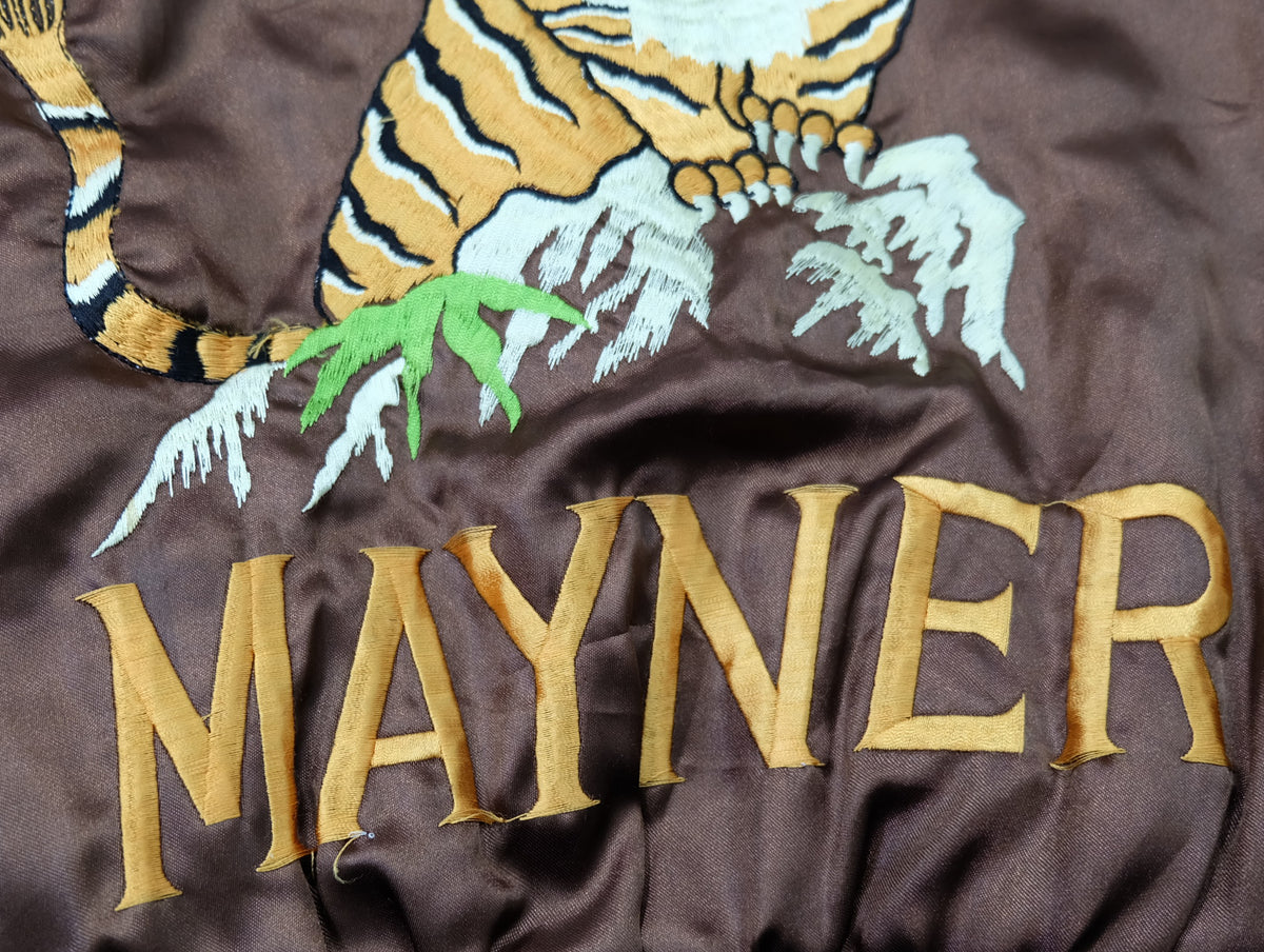 MIC MORE “MAYNER” Tiger Embroidered Brown Satin Bomber Jacket | Betty Script Quilted Sukajan Style | Size M