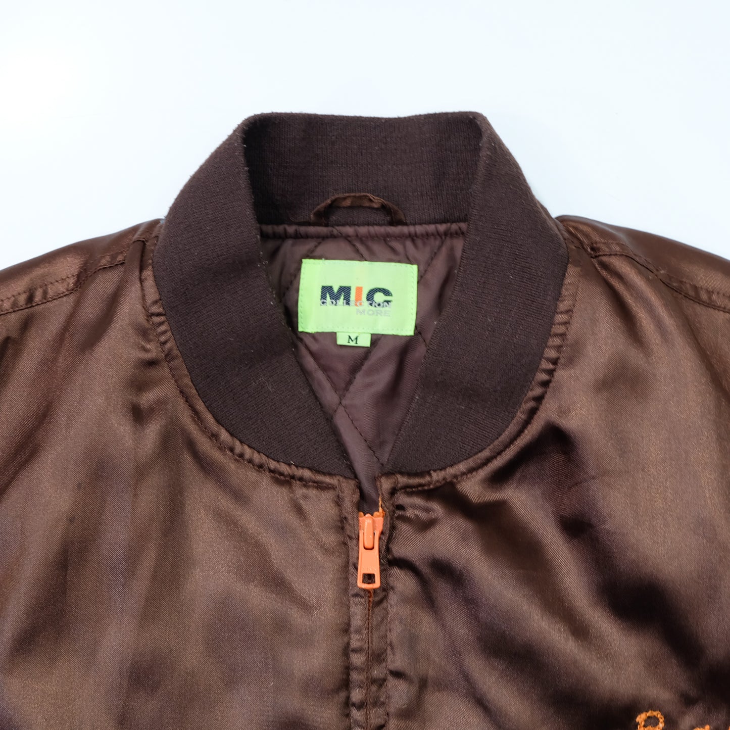 MIC MORE “MAYNER” Tiger Embroidered Brown Satin Bomber Jacket | Betty Script Quilted Sukajan Style | Size M