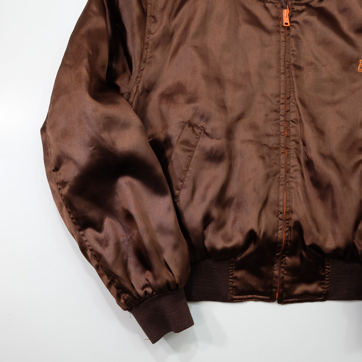 MIC MORE “MAYNER” Tiger Embroidered Brown Satin Bomber Jacket | Betty Script Quilted Sukajan Style | Size M