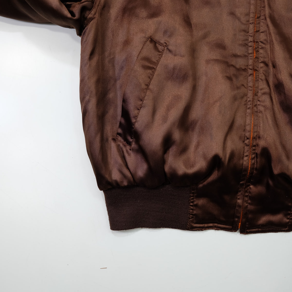 MIC MORE “MAYNER” Tiger Embroidered Brown Satin Bomber Jacket | Betty Script Quilted Sukajan Style | Size M