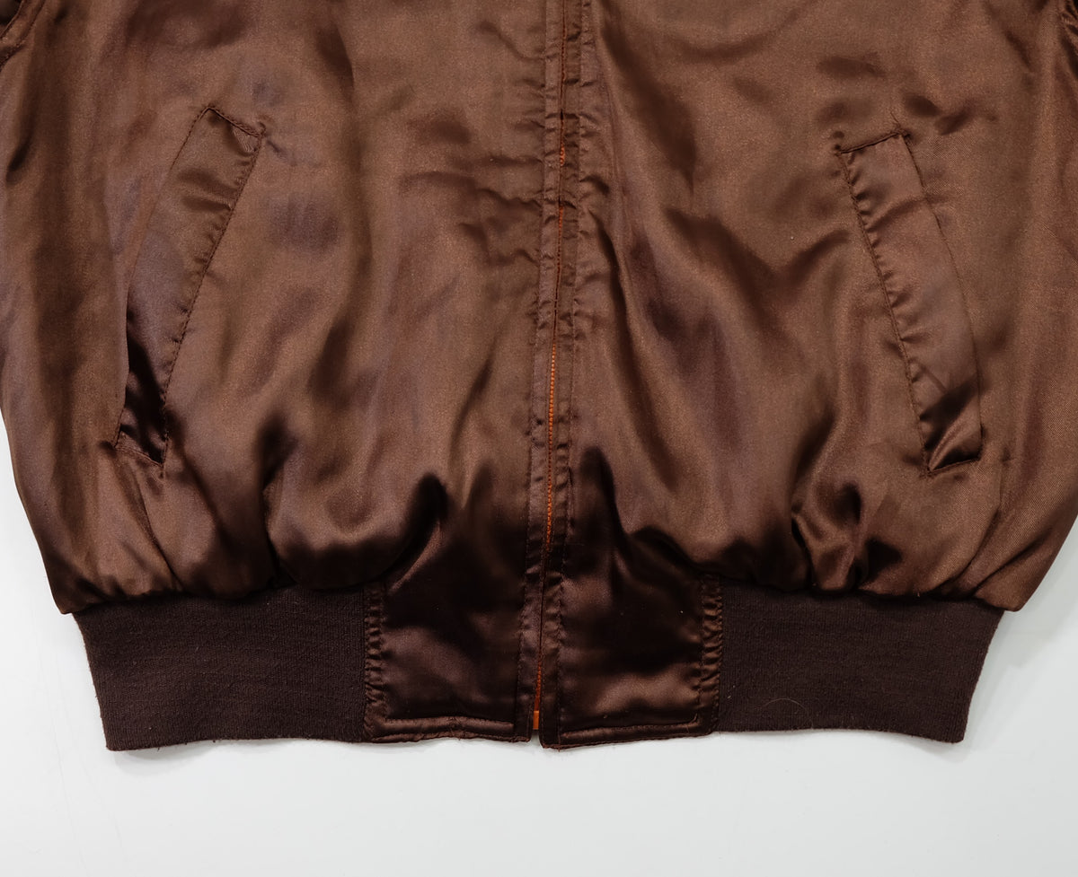 MIC MORE “MAYNER” Tiger Embroidered Brown Satin Bomber Jacket | Betty Script Quilted Sukajan Style | Size M