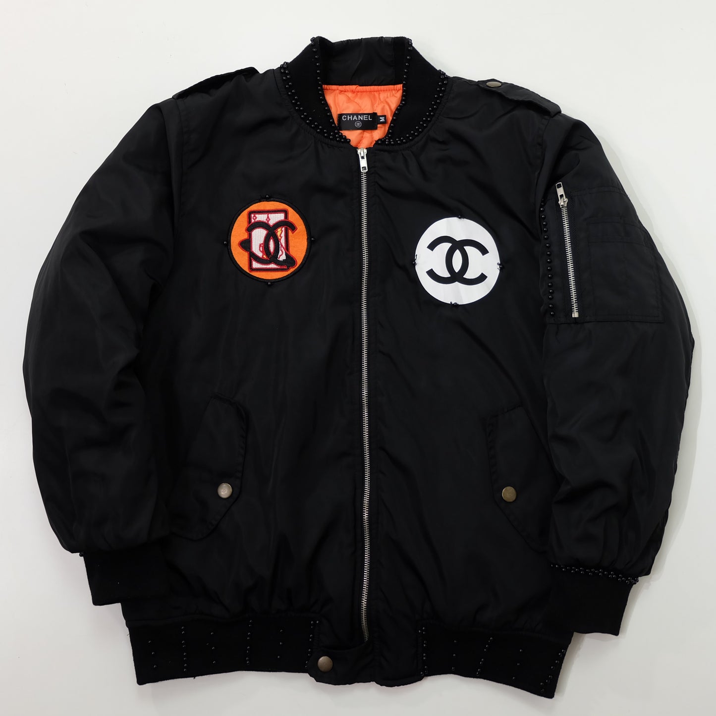 CHANEL Rue Paris Big Logo Black Bomber Jacket | Orange Quilted Lining | Size M | Rare 1990s-Style Luxury Streetwear
