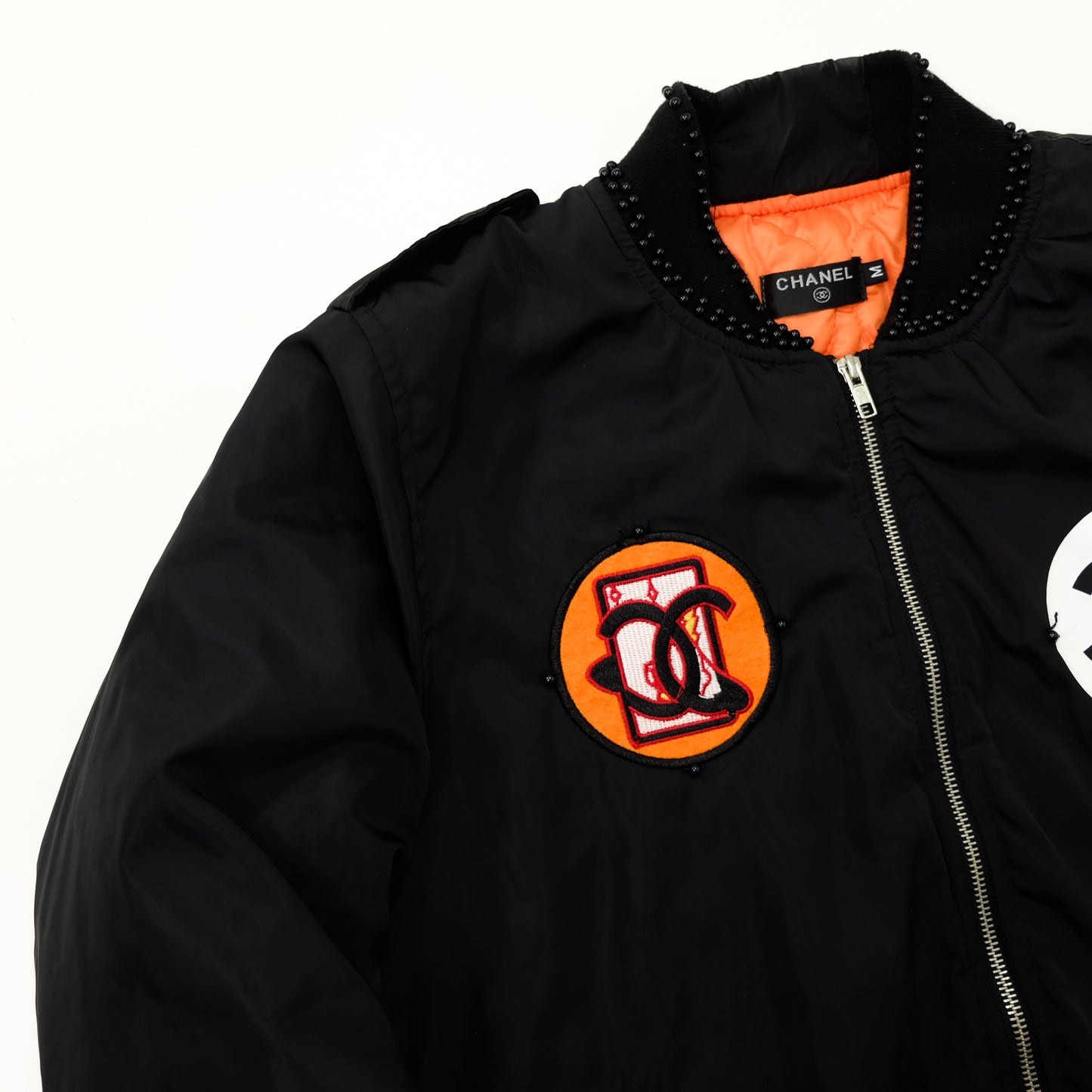 CHANEL Rue Paris Big Logo Black Bomber Jacket | Orange Quilted Lining | Size M | Rare 1990s-Style Luxury Streetwear