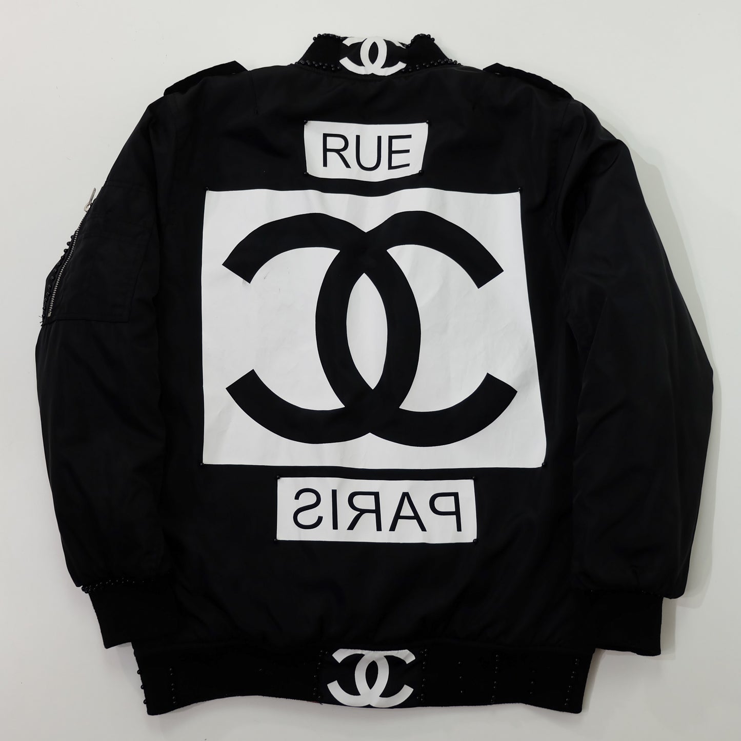 CHANEL Rue Paris Big Logo Black Bomber Jacket | Orange Quilted Lining | Size M | Rare 1990s-Style Luxury Streetwear