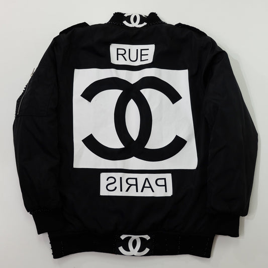 CHANEL Rue Paris Big Logo Black Bomber Jacket | Orange Quilted Lining | Size M | Rare 1990s-Style Luxury Streetwear