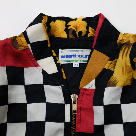 Vintage Westbound Sport Baroque Checkerboard Patchwork Nylon Bomber Jacket | 80s–90s Geometric Art Windbreaker | Size S