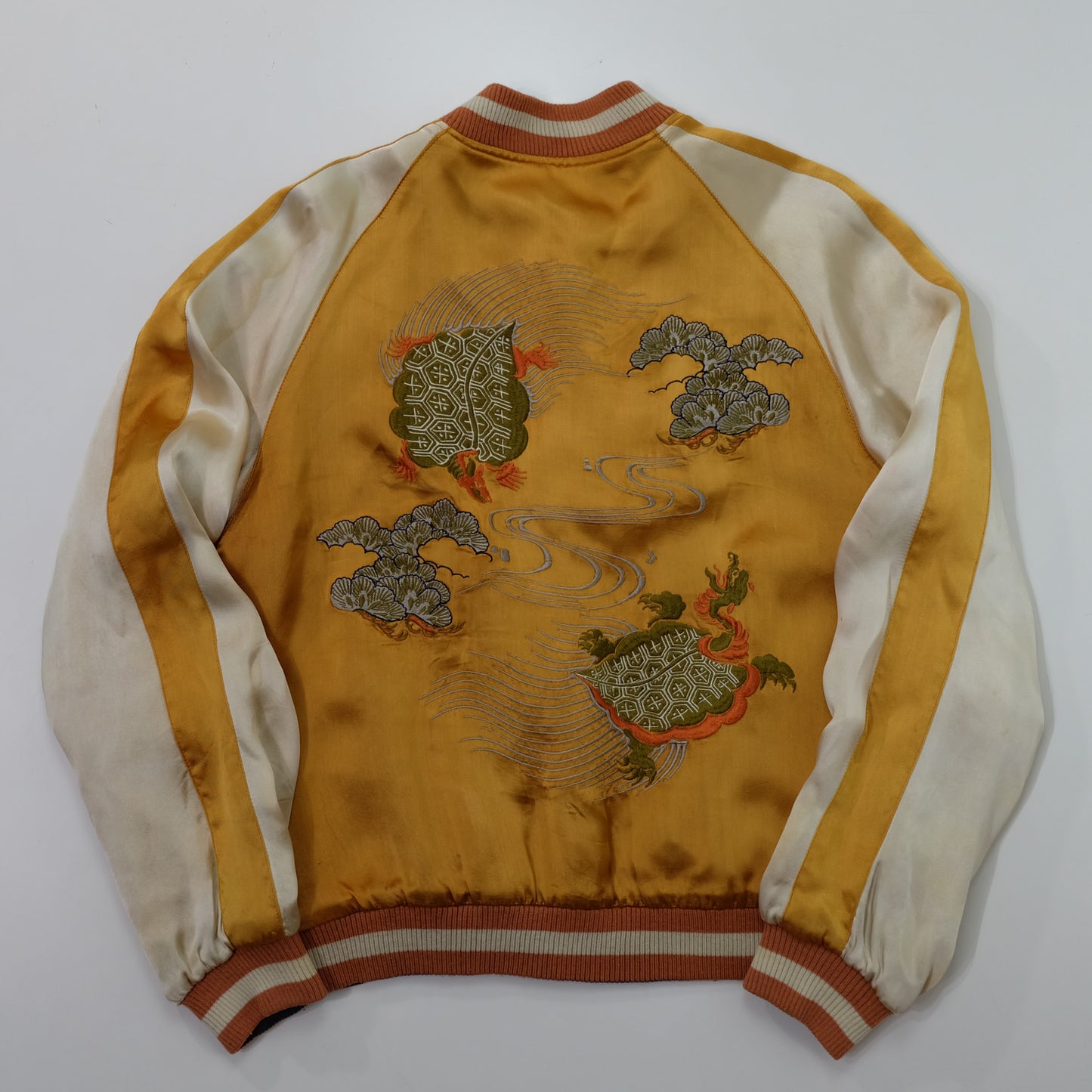 Vintage Japanese Reversible Sukajan Jacket | Golden Minogame Turtle Pine Water Embroidery × Brocade Landscape Souvenir Bomber | Size S