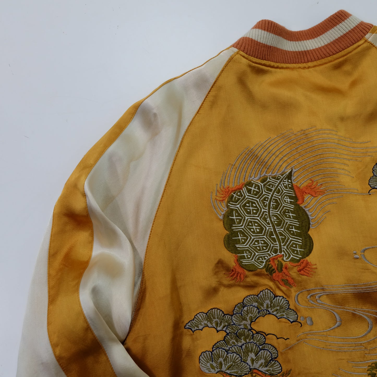 Vintage Japanese Reversible Sukajan Jacket | Golden Minogame Turtle Pine Water Embroidery × Brocade Landscape Souvenir Bomber | Size S