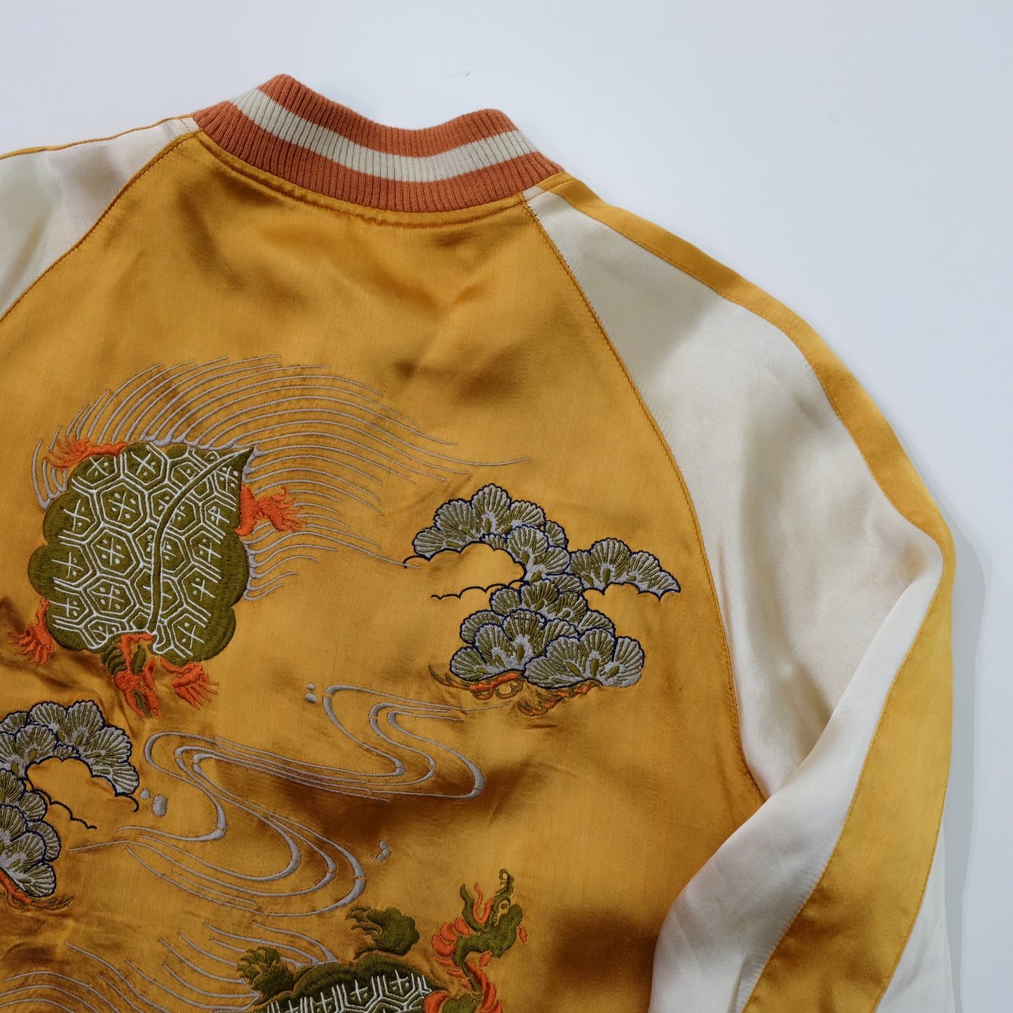 Vintage Japanese Reversible Sukajan Jacket | Golden Minogame Turtle Pine Water Embroidery × Brocade Landscape Souvenir Bomber | Size S